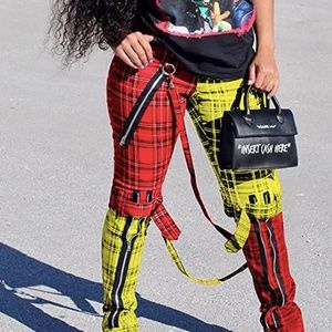 Women's Casual Plaid Color Block Stretchy High Waist patchwork Skinny Pant